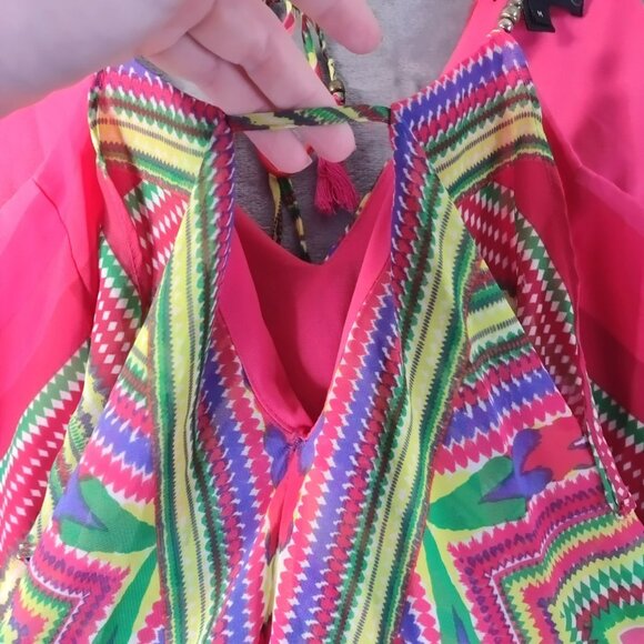 Rampage Womens Top M Pink Tribal Print Tassel Hem Sheer Festival Y2K Boho Layers - Picture 7 of 12
